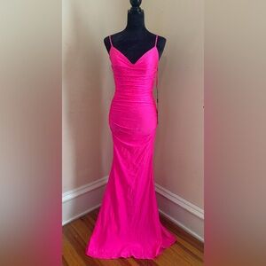 La Femme Vibrant Hot Pink Beaded Ruched Gown